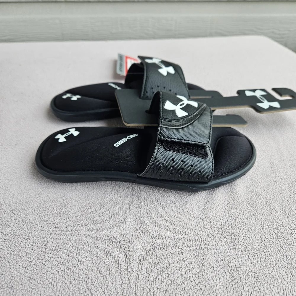Under Armour UA Ignite VI Black Slide Sandals Boys Youth SZ 1Y Slip-On Sports